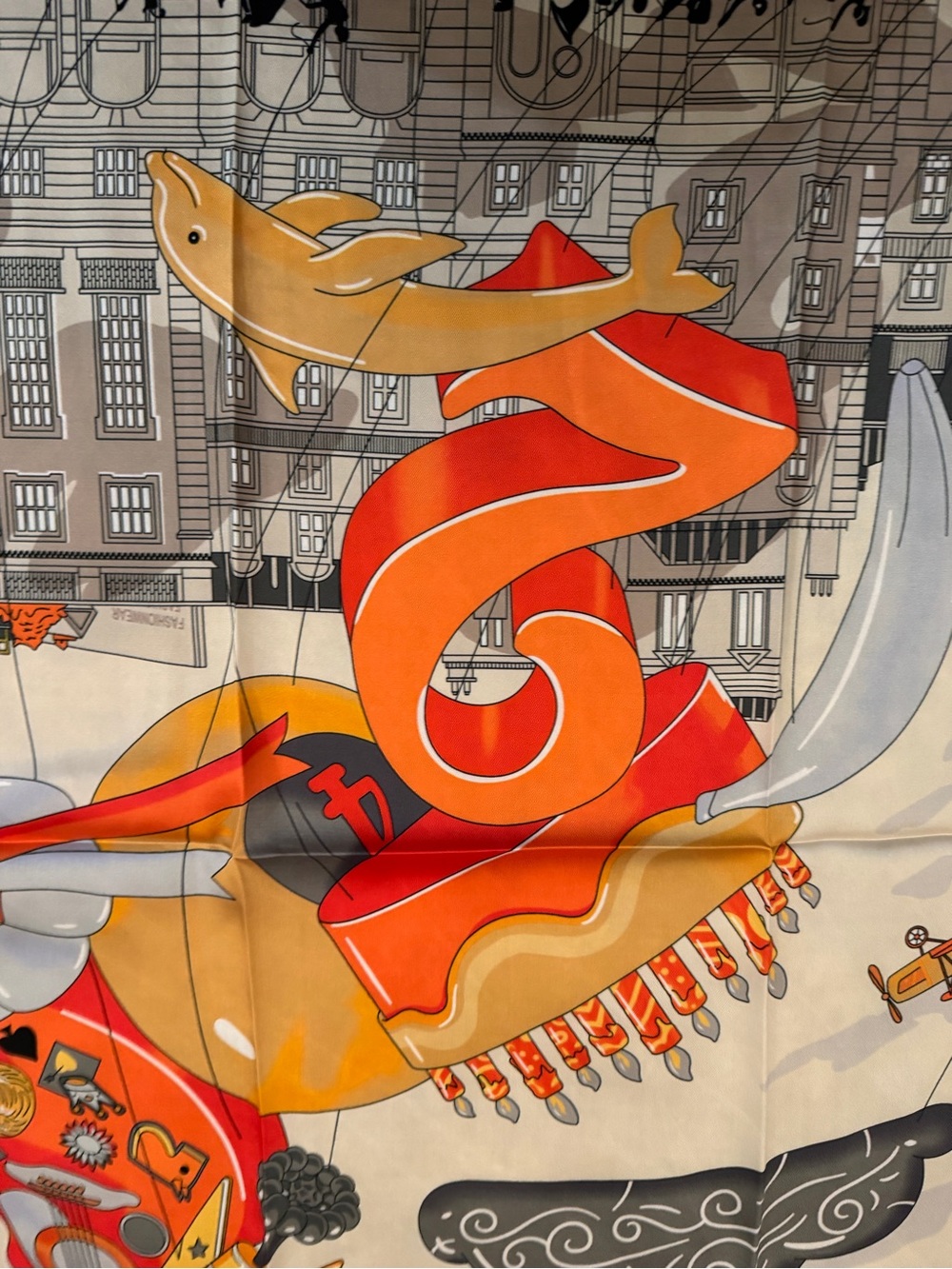 Luxury 90cm Silk Scarf with Yellow, Red & Cream Illustration - Picture 6 of 8